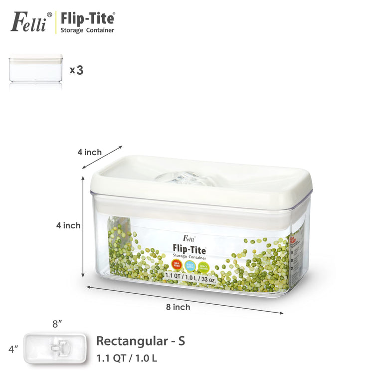 Flip Tite Food Storage Container with Lid 4” RECTANGLE Airtight Ring Flip Lock Top (3 Count)