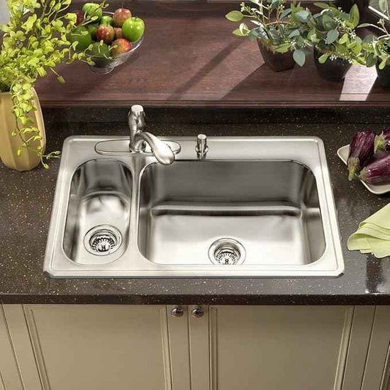 Houzer Legend 33 inch Stainless Steel Topmount 4-hole 80/20 Double Small Left Bowl Kitchen Sink with Strainer - LHD-3322-1