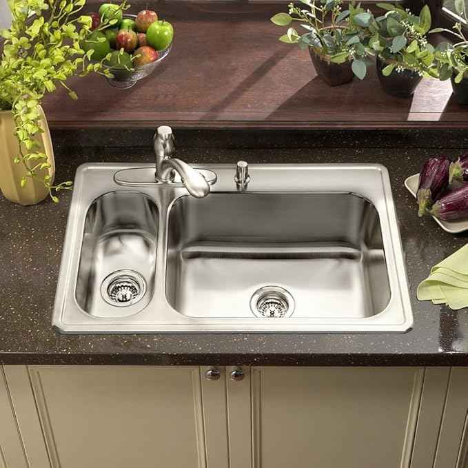 Houzer Legend 33 inch Stainless Steel Topmount 4-hole 80/20 Double Small Left Bowl Kitchen Sink with Strainer - LHD-3322-1