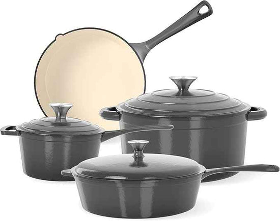 Kitchen Academy 7Pcs Enameled Cast Iron Cookware Sets - Non Toxic Pots and Pans Set, Grey Induction Nonstick Cookware Set, PFOA&PFAS Free