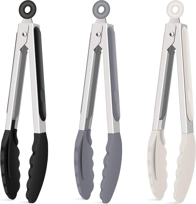 Hotec Silicone Kitchen Tongs for Cooking 9-Inch Serving Tongs with Silicone Tips, Set of 3 (Black Grey Khaki)