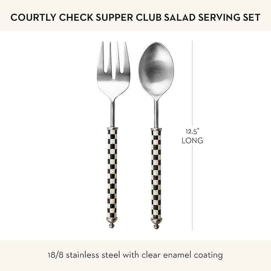 MACKENZIE-CHILDS Supper Club Salad Serving Set, Fork and Spoon Salad Servers, Decorative Kitchen Serving Utensils, Black-and-White Courtly Check