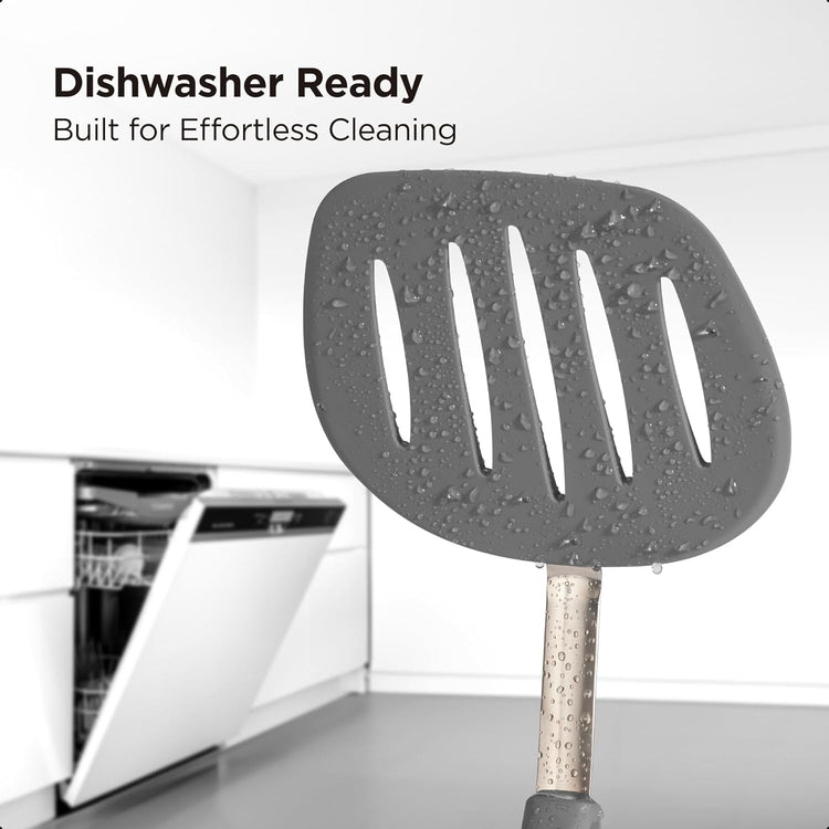Kitchen Mama WaltzGrip Platinum Silicone Pancake Spatula Turner: Heat Resistant Flexible, Stainless Steel Core, Nonstick, Dishwasher Safe, Flipper – Ideal Kitchen Cookware Egg, Fish, Meat (Metal Gray)