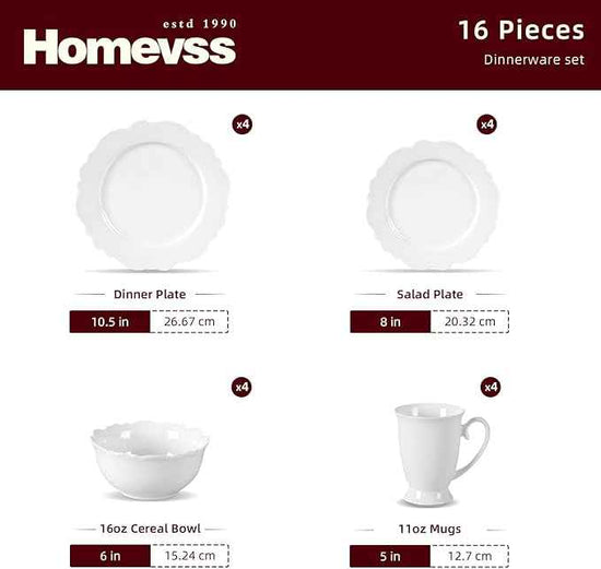 HomeVss, New Bone China Dinnerware Set, Embossed Winds, Service for 4-16pc Set
