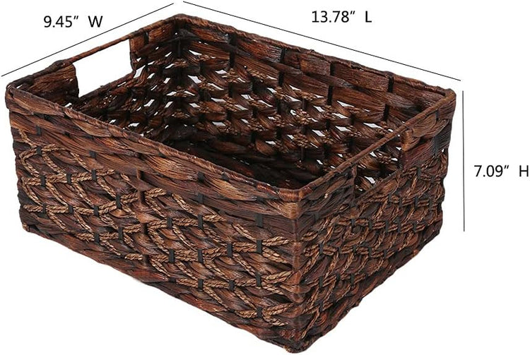 Rectangular Woven Water Hyacinth Basket,Dark Storage Basket With Inside Handle Shelves Kitchen Office Desk (Small)