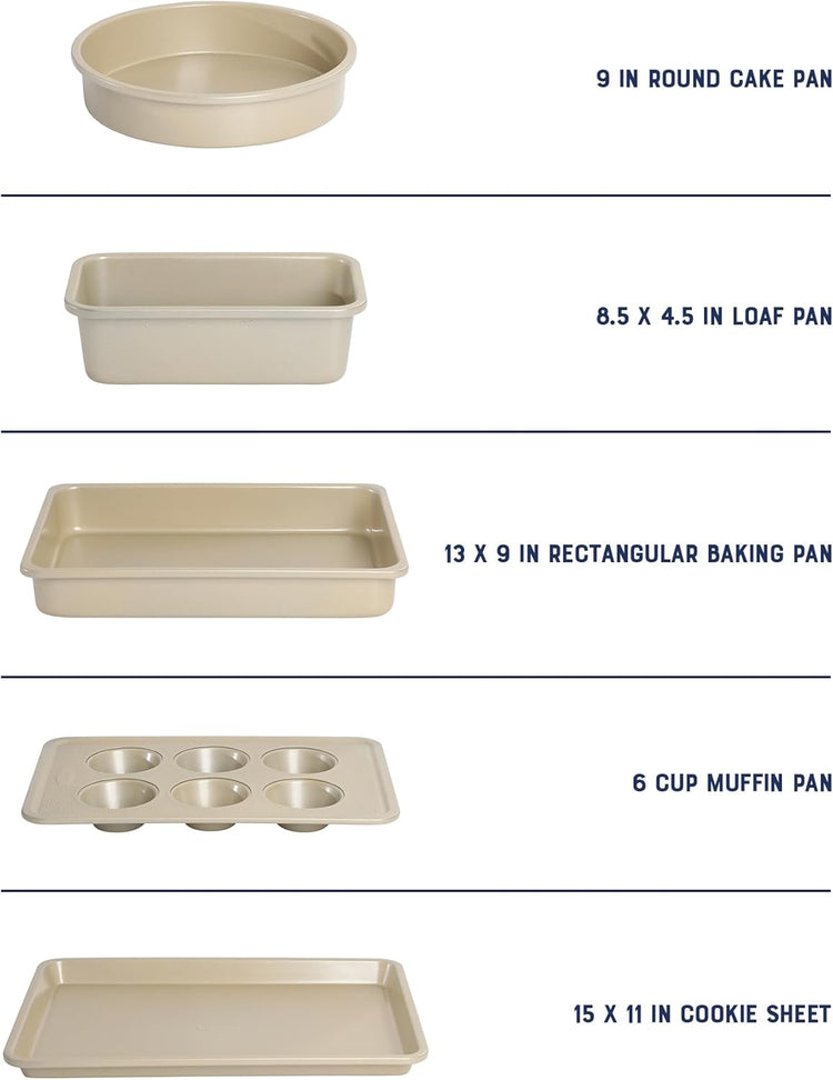 Oster Verlice 5 Piece Carbon Steel Baking Pans Bakeware Set W/Premium PFA Free Nonstick - Champagne Gold