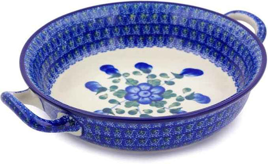 Polmedia Polish Pottery Round Baker with Handles - Blue Poppies Pattern Handmade in Boleslawiec Poland by Ceramika Artystyczna + Certificate of Authenticity