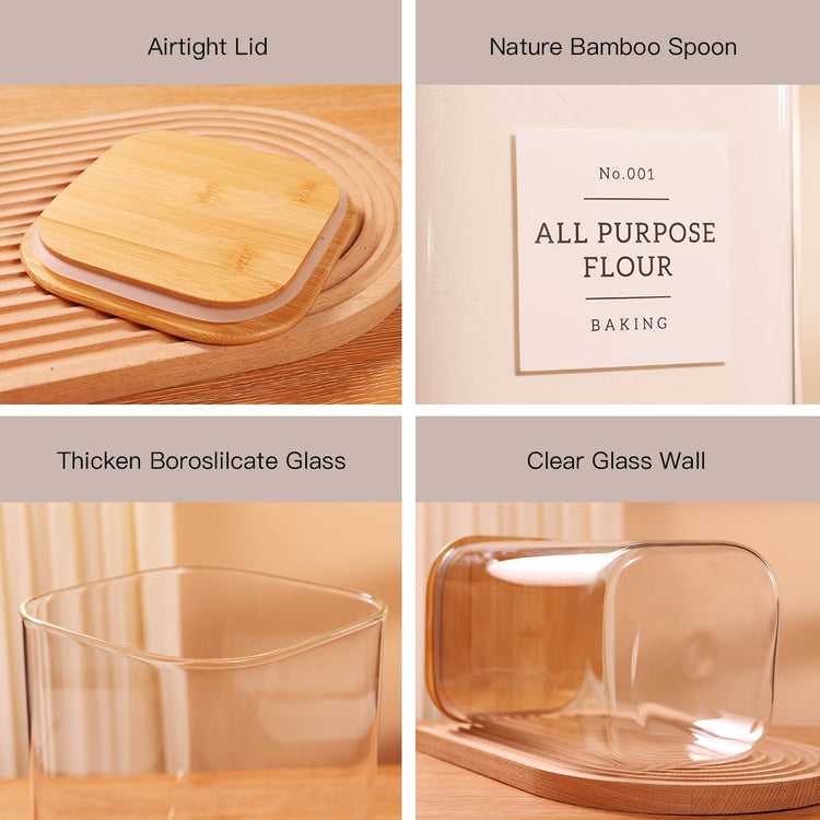 2 Pack Square Glass Flour and Sugar Containers with 132 Kitchen Pantry Labels (2 Count)