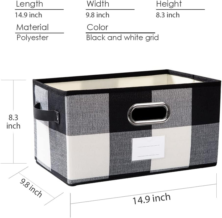 PRANDOM Large Collapsible Storage Baskets for Closet [3-Pack] Decorative Fabric Storage Bins Cubes with Leather/Metal Handles for Shelves Bedroom Living Room Black and White Grid (14.9x9.8x8.3 Inch)