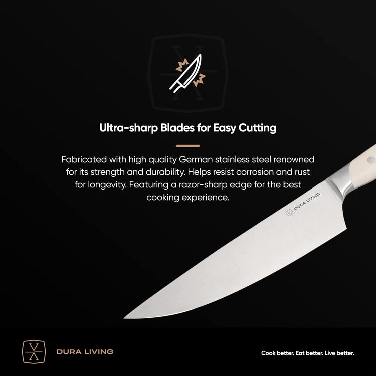 8-Inch Chef Knife – Ultra-Sharp German High Carbon Stainless Steel, Full Tang, Ergonomic Handle, Multipurpose Kitchen Knife for Chopping, Slicing, and Dicing, Cream