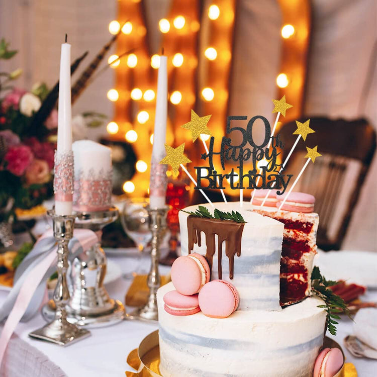 Black Gold 50th Birthday Cake Topper with Glittery Stars (7 Count)
