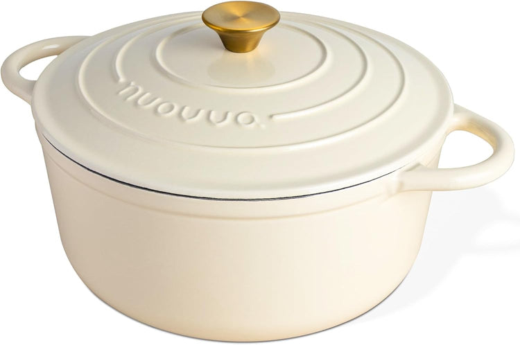 Nuovva Enamelled Cast Iron Dutch Oven Pot with Lid – 6.4 Quart Non Stick Casserole Pot – Heavy Duty & Oven Safe up to 500° F for Bread Baking, Braising, Stews, Roasting – 28cm Cream - Nestoria