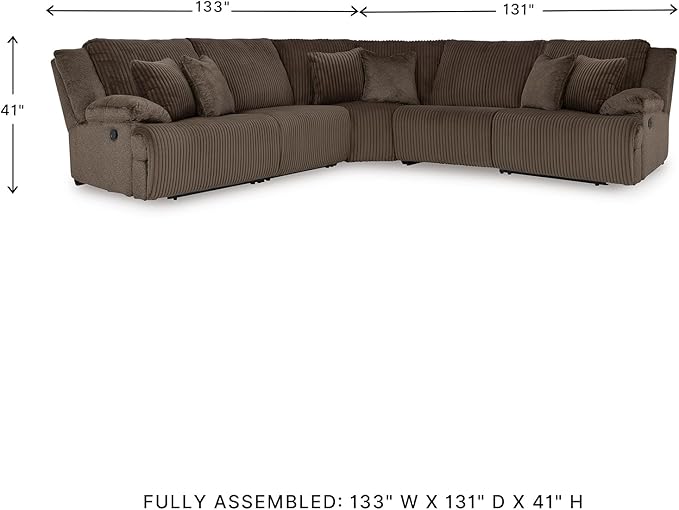 Signature Design by Ashley Top Tier Modern 5-Piece Reclining Sectional with Armrest and Throw Pillows, Dark Brown