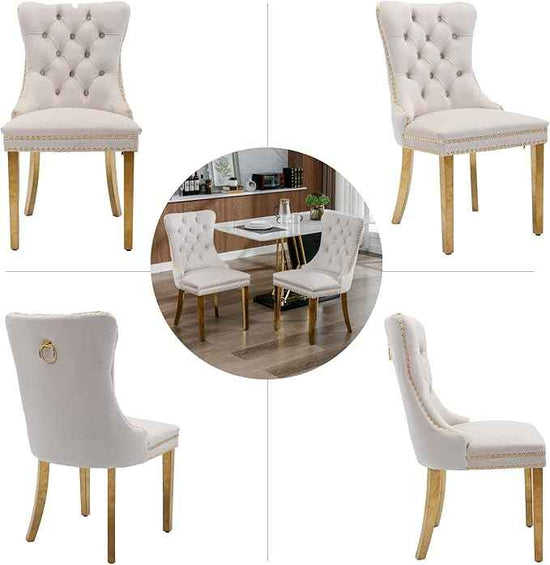 Beige Velvet Dining Chairs Set of 6, Upholstered Dining Room Chairs with Back Ring Pull Trim and Golden Stainless Steel Legs,Modern Kitchen Chairs for Dining Room,Living Room,Kitchen(Beige)