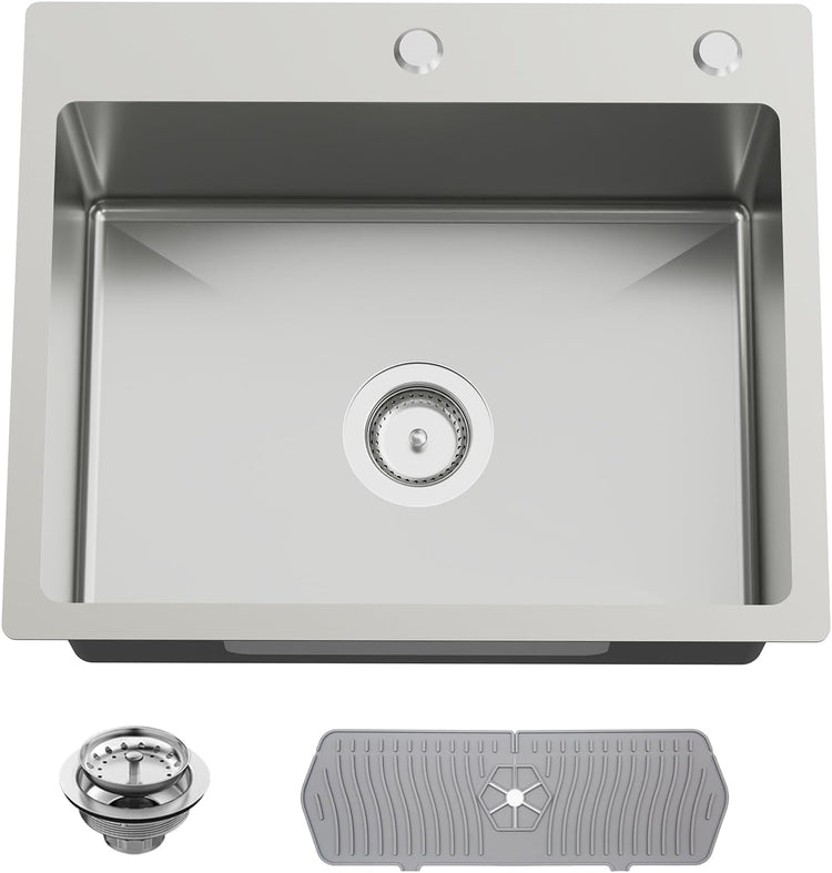 Kitchen And Bar Sink, 22x18 Inch Stainless Steel Drop In Kitchen Sink Modern Single Bowl Topmount Bar Sink Combo-Silicon Mat,Drain Strainer Set Compatibility With Various Kitchen & Bar Style
