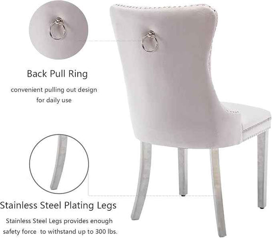 Velvet Dining Chairs Set of 2, Upholstered Dining Room Chairs with Back Ring Pull Trim and Sliver Stainless Steel Legs,Tufted Wingback Chair Perfect for Dining Room,Living Room,Kitchen(Beige)
