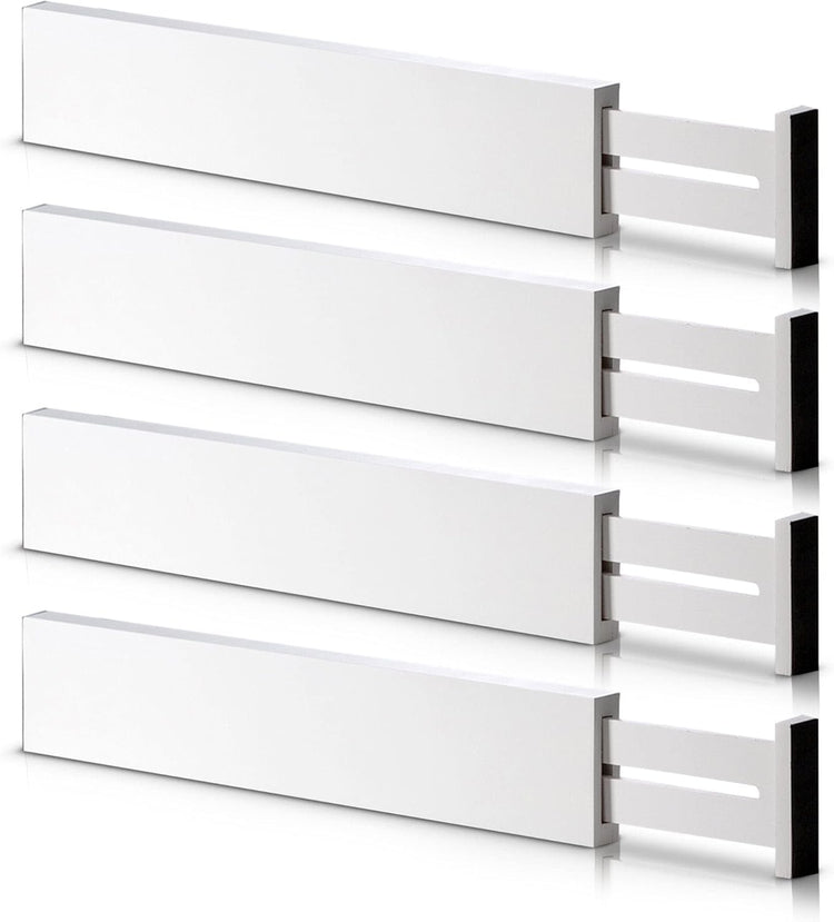 4 Pack Bamboo Drawer Dividers, Adjustable Length from 12 Inch to 17 Inch, Expandable Kitchen Drawer Organizer, Drawer Organization Separators for Clothes, Kitchen, Bedroom, Dresser, Office (White)