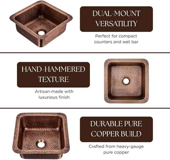 Monarch Abode Kitchen & Bar Sink – 12-inch Glasgow Dual Mount Drop in Bar Prep Sink, Hand Hammered Pure Copper Sinks, Drop in or Undermount Kitchen Sinks, Decorative Single Dual Mount Bowl