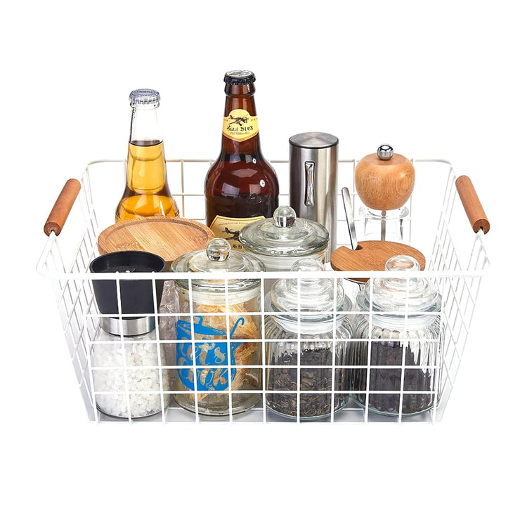 Large white wire baskets with Wooden Handles for storage pantry