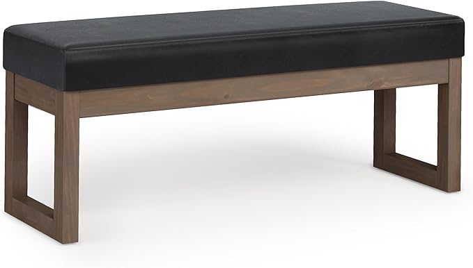 SIMPLIHOME Milltown Large Ottoman Bench - 44 inch Wide Upholstered Vegan Leather Rectangle Footstool Ottoman in Midnight Black, Contemporary Bench for Bedroom with Cushioned Seat, Assembled