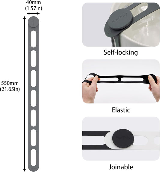 Silicone Utility Strap for Slow Cooker Lid, Pot, Bento Box, 21.65 In Reusable Elastic Self-Lock Silicone Tie for Bundling or Organizing Curtain, Cords, Yoga Mat, Camping Mat, 4pcs (Gray)