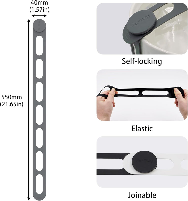 Silicone Latch Strap for Slow Cooker Lid, Pot, Bento Box, 21.65 in Reusable Elastic Self-Lock Silicone Tie for Bundling or Organizing Curtain, Cords, Yoga Mat, Camping Mat, 2pcs (Gray&Gray)