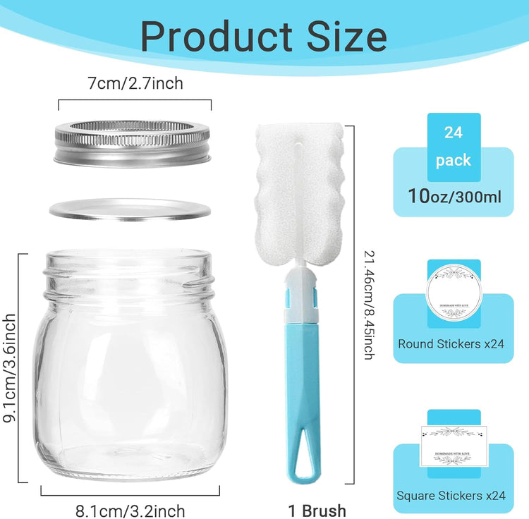 10 oz Glass Mason Jars, 24 Pack Regular Mouth Glass Canning Jars with Silver Aluminum Lids and Bands, Airtight Jam Jars for Food Storage, Pickling, Fermenting, Honey, Jelly, DIY Candles Decor