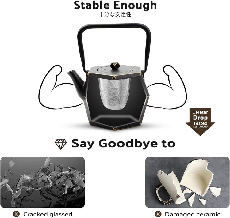 Toptier Cast Iron Teapot, Stovetop Safe Japanese Cast Iron Tea Kettle, Diamond Design Tea Pot with Removable Infuser for Loose Tea, 30 Ounce (900 ml), Black
