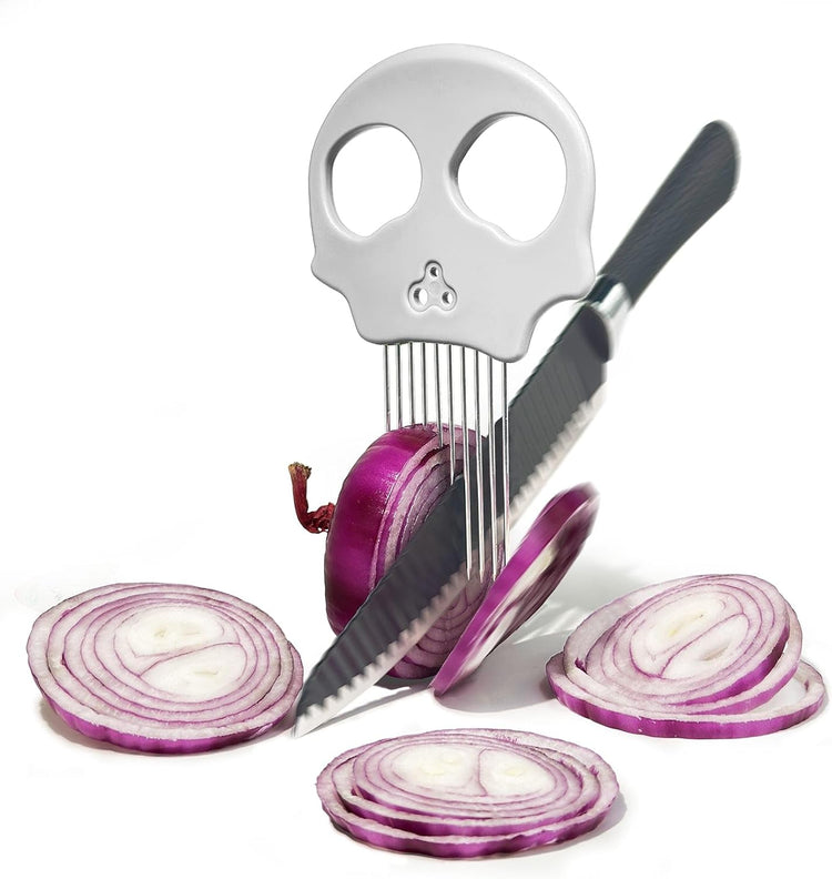Stainless Steel Onion Cutter & Egg Slicer – Multi-Function Vegetable Cutter and Herb Stripper for Avocados, Tomatoes, and Potatoes (White)