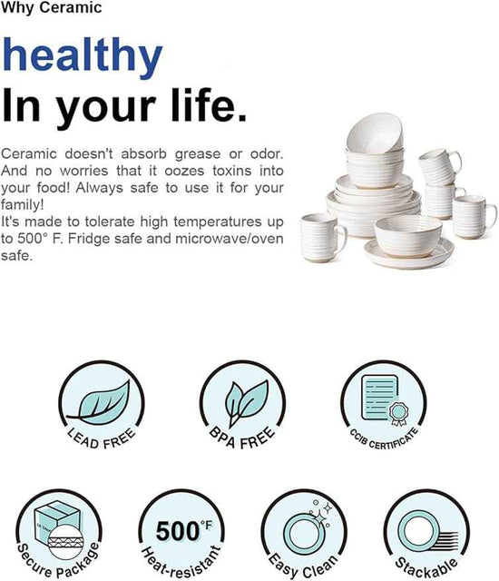 LE TAUCI Dinnerware Sets 16 PCS, Stoneware Plates and Bowls Set, House Warming Wedding Present, Serve for 4 (10" Dinner Plates + 8" Salad Dish + 28 oz Cereal Bowl+12oz coffee mugs) x 4, Arctic White