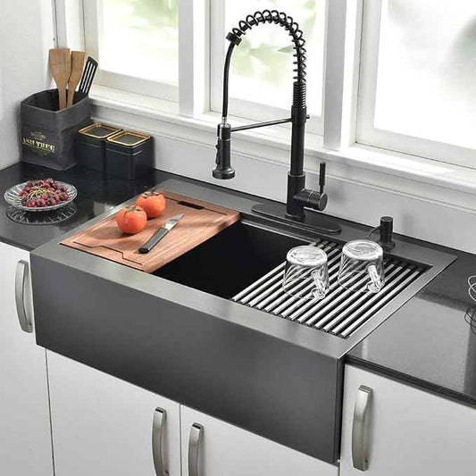 30 Inch Black Farmhouse Kitchen Sink Drop In Workstation - 30 inch Apron Front Farmhouse Sink Workstation Kitchen Sink Single Bowl 16 Gauge Stainless Steel Farm Sink