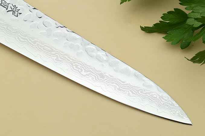 Yoshihiro VG-10 46 Layers Hammered Damascus Petty Utility Japanese Chef Knife Octagonal Turquoise Blue Handle (6'' (150mm))