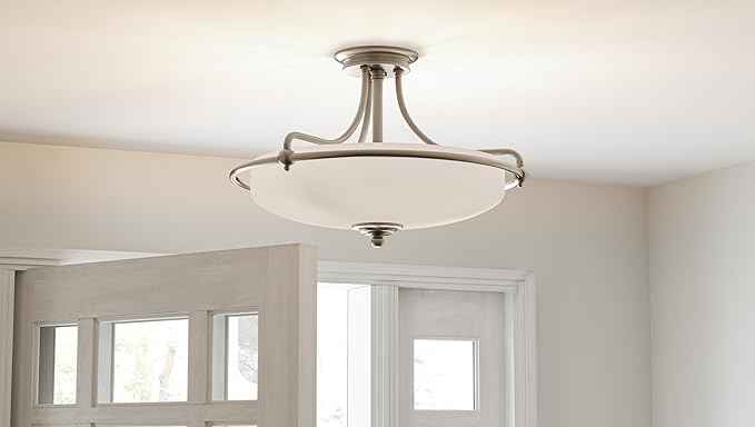 Quoizel Griffin Semi-Flush Mount Ceiling Light, 21 Inch 4-Light Antique Nickel Opal-Etched Frosted Glass Shade, Hanging Light Fixture for Hallway, Kitchen, Bedroom, Dining, Farmhouse or Office