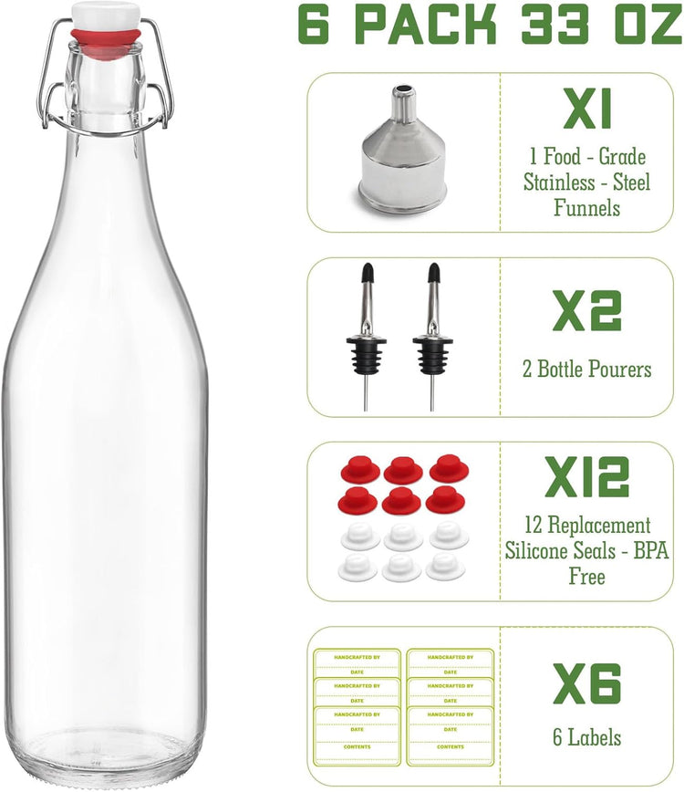 6 Pack [1 Liter / 33 fl. oz.] Swing Top Glass Bottles – Airtight Flip Top Brewing Bottles for Kombucha, Beer, Wine, Kefir, Soda, Liquor – Includes Funnel, 2 Pourers, 6 Seals, 8 Labels & Jute Twine