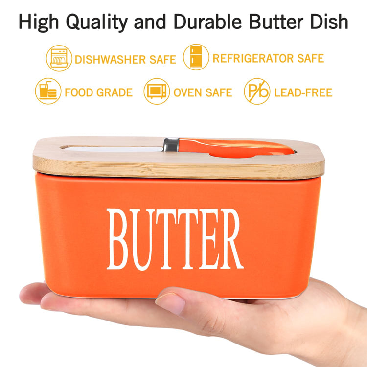 Ceramic Butter Dish with Bamboo Lid and Stainless Steel Knife Spreader