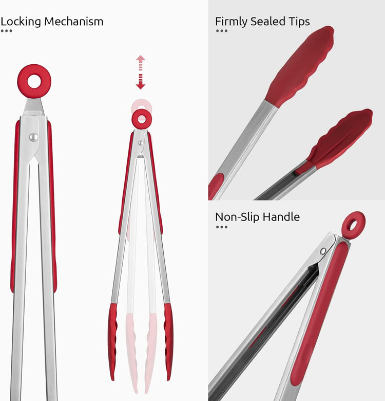 600ºF Heat Resistant Kitchen Tongs: U-Taste 12 inch Large Silicone Cooking Tong with Sturdy Non Stick Rubber Tips & Silicon Coated 18/8 Stainless Steel Handle & Smooth Locking for Serving Grill (Red)