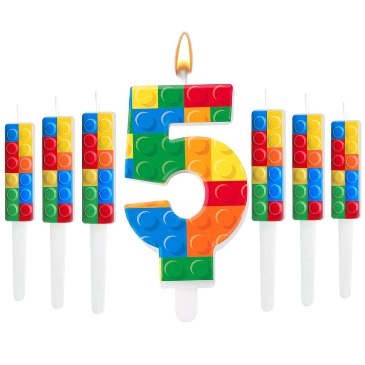 7 Pcs Building Block Themed Birthday Candles Set Building Blocks Number 5 Candle Cake Topper for Building Block Party Decoration Supplies (7 Count)