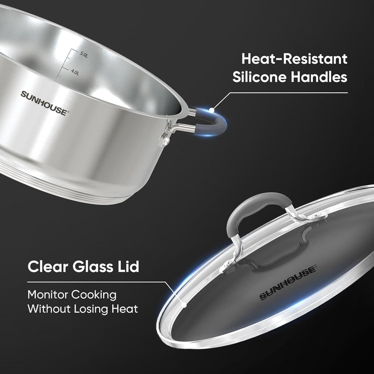 Sunhouse - 5.5 Quarts Steamer Pots With Lid 2-Tier Multipurpose Stainless Steel Steaming Pot Cookware For Vegetable, Dumpling, Sauce, Food - Triple Bottom, Measurement Line