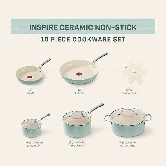 T-Fal Inspire Nonstick Ceramic Cookware Set, 10-Piece, Oven Safe to 500°F, Stockpot, Ceramic Pots and Pans Set, Frying Pans, Saucepans, Stockpot, Protectors, Mint Green