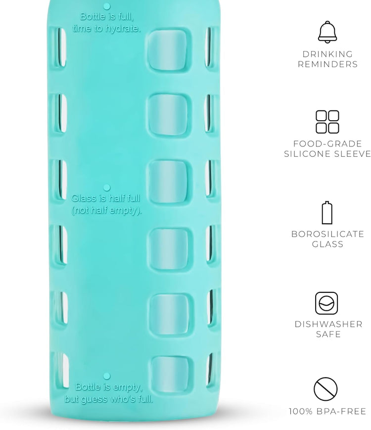 purifyou 40oz / 32oz / 22oz / 12oz Borosilicate Glass Water Bottle with Time & Volume Markers, Silicone Sleeve, Stainless Steel Lid – Reusable Glass Bottle for Water & Juice (12oz Aqua Blue)