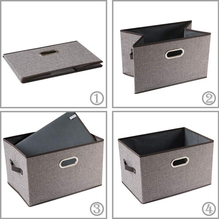 PRANDOM Larger Collapsible Storage Bins for Closet [3-Pack] Decorative Linen Fabric Storage Baskets Cubes with Leather/Metal Handles for Living Room Cloth Grey and Black Trim (17.3x12.2x10.4 Inch)