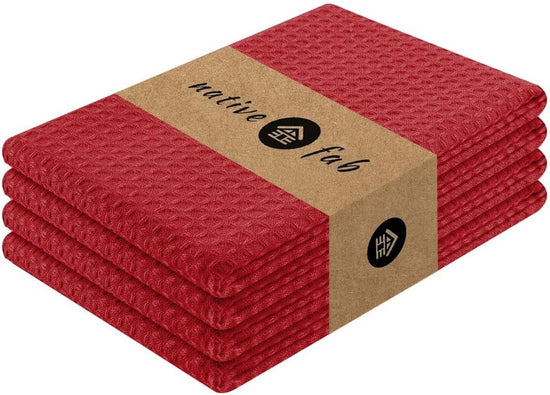 Native Fab Cotton Kitchen Towel with Hanging Loop 16x26 inches, 4-Pack, Waffle Weave Kitchen Towels for Cleaning Drying, Washcloths Soft & Absorbent Cloth Rags, Bar Towel, Dish Cloth, Red - Nestoria