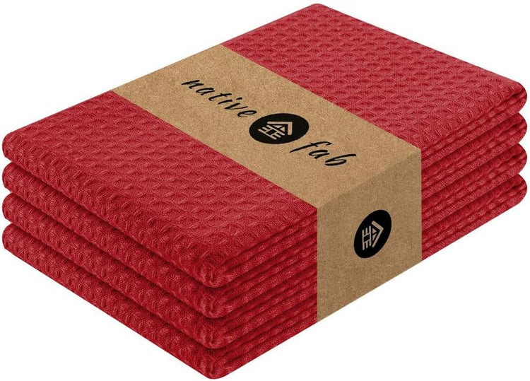 Native Fab Cotton Kitchen Towel with Hanging Loop 16x26 inches, 4-Pack, Waffle Weave Kitchen Towels for Cleaning Drying, Washcloths Soft & Absorbent Cloth Rags, Bar Towel, Dish Cloth, Red - Nestoria