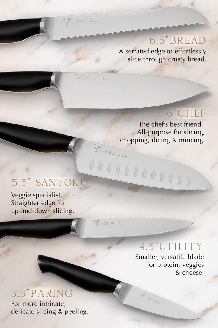 Lordelle Knife Block Set - 5 Piece Set - Black Vintage Ink - Lifestyle Home Kitchen Design - German X50 Stainless Steel - ABS Handle - Ash Wood Block - Cooking Chef Knife, Santoku, Paring, Utility