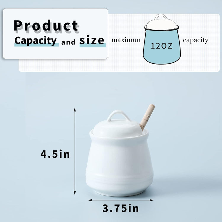 HAOTOP Ceramic Honey pot with Lid and Honey Dipper,Porcelain Honey Jar Easy to Clean and Dishwasher Safe,12oz (White)