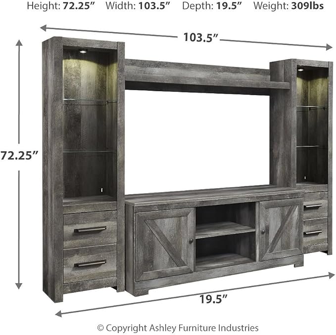 Signature Design by Ashley Wynnlow Rustic 4-Piece Entertainment Center for TVs up to 72" with LED Lighting and Adjustable Shelf, Gray