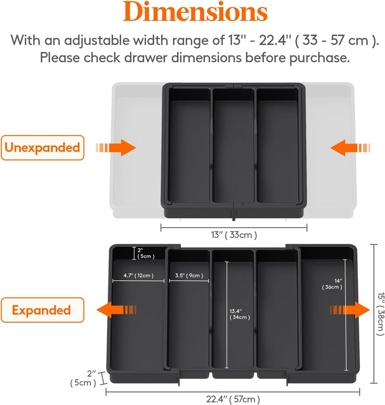 Lifewit Cooking Utensil Drawer Organizer, Expandable from 13 to 22.4 inches, Adjustable Cutlery Silverware Tray, Plastic Flatware Spatula Holder, Kitchen Tools Gadgets Storage Divider, Black