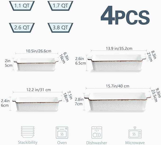 ONEMORE Casserole Dishes for Oven, Ceramic Baking Dish Set of 4, Non-Stick Lasagna Pans with Handles, Rectangular Bakeware Set for Cake, Roasting, Broiling, Gratin, Banquet, Microwave & Dishwasher Safe(3.8/2.6/1.7/1.1 Qt) (White 01)