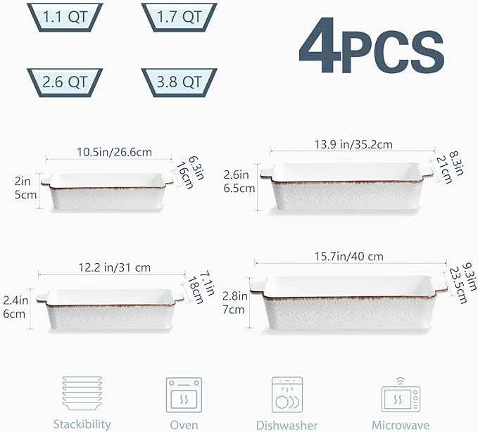 ONEMORE Casserole Dishes for Oven, Ceramic Baking Dish Set of 4, Non-Stick Lasagna Pans with Handles, Rectangular Bakeware Set for Cake, Roasting, Broiling, Gratin, Banquet, Microwave & Dishwasher Safe(3.8/2.6/1.7/1.1 Qt) (White 01)