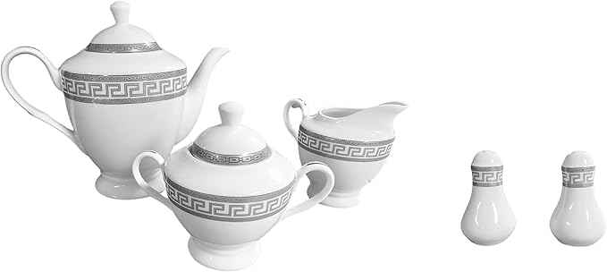 Dinnerware Set for 8-49 Piece Vintage Porcelain Dish Set - White and Silver Greek Key Design - Luxurious Tableware - For Everyday Use or Formal Occasions (Meander Silver 2049)